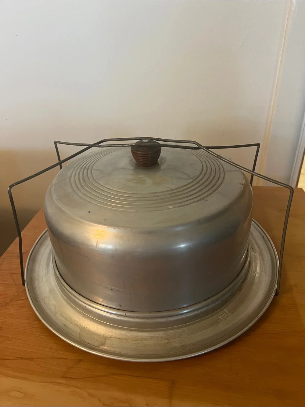 Vintage Aluminum Cake Carrier with Wire Handle - Silver